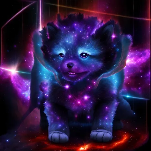 Prompt: nebula, 3D, HD, full-body,  dark, plasma action portrait of a (furry! plasma puppy), expansive cosmic background --s98500