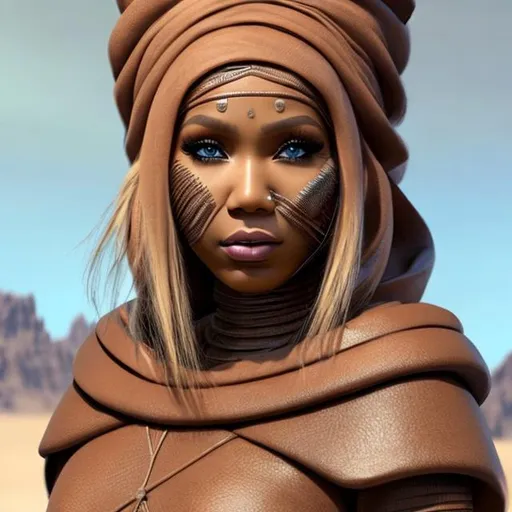 Prompt:  nicki minaj, detailed face, beautiful face, hijab, dune 2021, tusken raider, tan cape, tan poncho, warrior