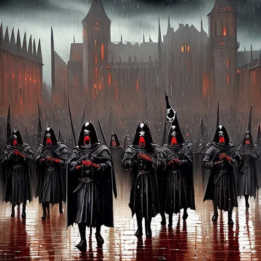 Prompt: knights templar marching in the rain gothic oil painting style, scary