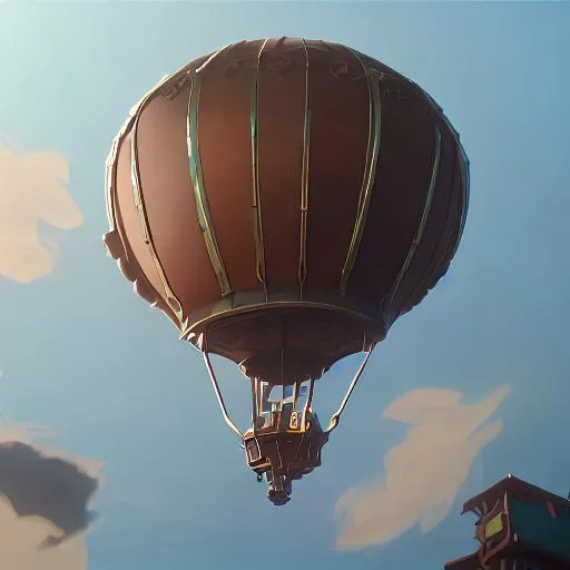Prompt: steampunk, zeppelin, balloon, wood, open blue sky