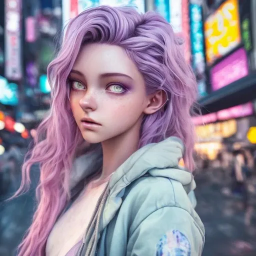 Prompt: New character. Stunning. Mesmerising . Pheromones. Innocent. Naive. Alluring. Young woman. beauty. Interesting eye makeup. Pastel coloured hair. Incredibly gorgeous. Sweet. Very Futuristic clothes. Realistic. Gritty. Detailed. Medium close-up. Neo Tokyo background