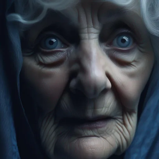 Prompt: Menacing creepy old lady ghost, black background, white pupil eyes, blue-grey lighting on the face, close-up, horror, dark and haunting, hyperrealism, ultra-detailed, 8k --ar 9:16 --q 2 --s 750