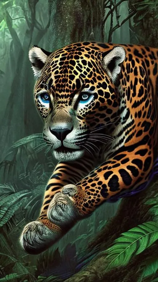 Prompt: an enchanted jaguar in the middle of the forest, realistic and cinematographic image