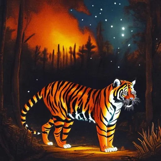 Prompt: A Tyger in a forrest during night buring bright. With a fire in the background.