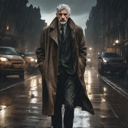 Prompt: show me a wide framed picture of A skinny grey haired man with badly kept facial hair in a rugged looking brown trench coat looking beaten and battered. walking down a gothic rundown street in the middle of the night with a slight drizzle of rain. surrounded by a populated street.