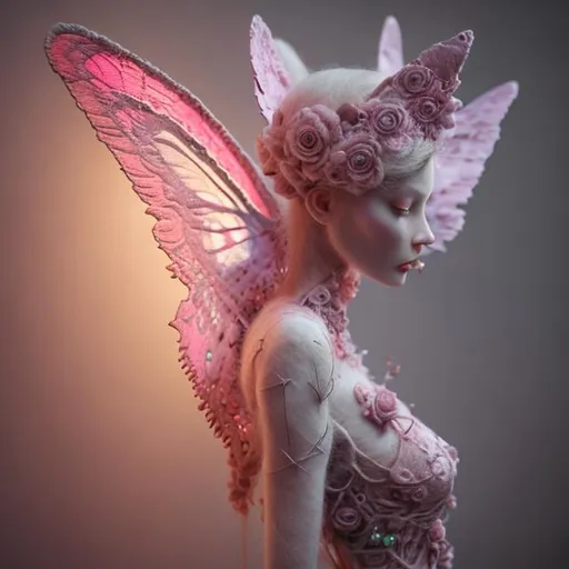 Prompt: needle-felted butterfly woman, pink, intricate details, insane details, volumetric lighting