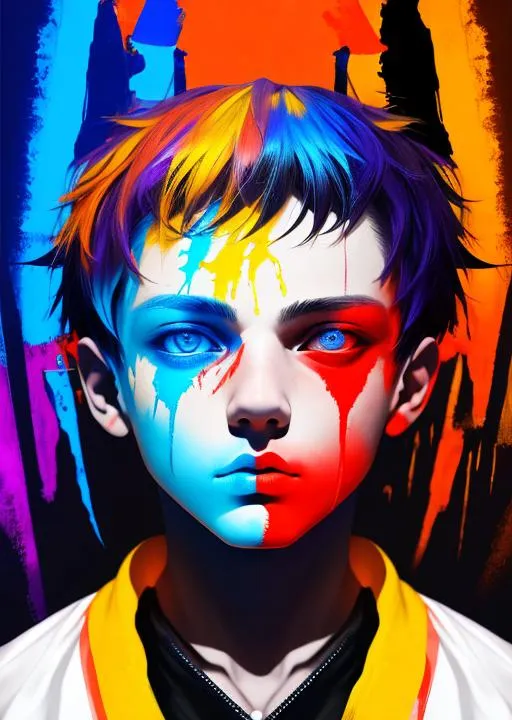Prompt: Abstract art of boy,blue,red,yellow,purple,orange,black,artistic,aesthetic,meaning,pretty eyes,edgy,raw,colorful background,64k,dynamic,full emotional,masterpiece,epic,complex,highly detailed,perfect composition,