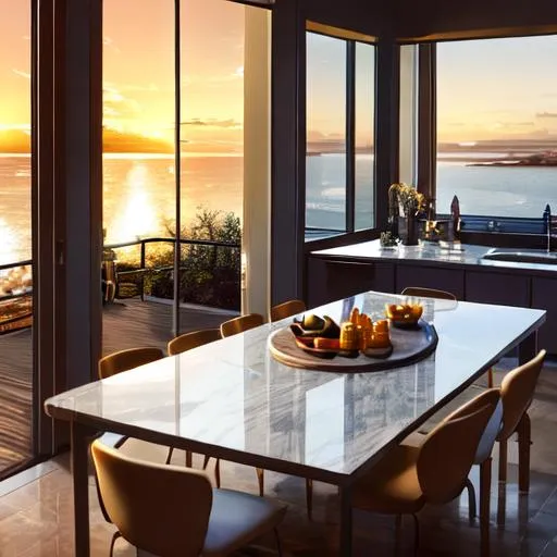Prompt: golden hour moody evening in a modern kitchen, marble wooden table with view to the ocean, interior design magazine cover image, masterpiece photography, living colors, intense composition 
