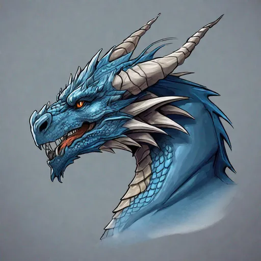 Prompt: Concept design of a dragon. Dragon head portrait. Side view. The dragon is a predominantly sly blue color with darker colored streaks and details present.