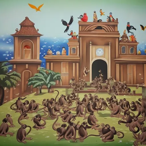 Prompt: Monkeys and birds arguing on a session hall in acrylic