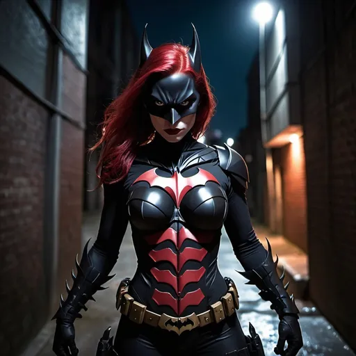 Prompt: Female demon Batman, Linakra malicious, sinister, red hair, outdoor Gotham City alleyway, black and red Batman suit, pretty, imposing, battle stance, ready to fight, 50-year-old woman, armor, night time, dark atmospheric