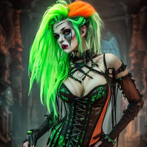 Prompt: Beautiful blonde/neon green-haired Zombie with a large chest wearing a very revealing sheer green and orange leather and lace corset mini dress with a hooded cape bewitching a man under her spell, cinematic, realistic, 64k, life-like, spooky, 3D, UHD, sharp, Halloween theme, 
