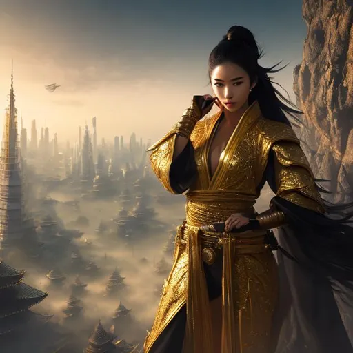 Prompt: create best quality photograph of beautiful female ninja who is wearing all gold ninja style robes in future, detailed future city as background, detailed face, extremely detailed environment, extremely detailed background, extremely detailed skin, extremely detailed clothing, natural colors , professionally color graded, photorealism, 8k, realistic, moody lighting, galactic environment, volumetric lighting