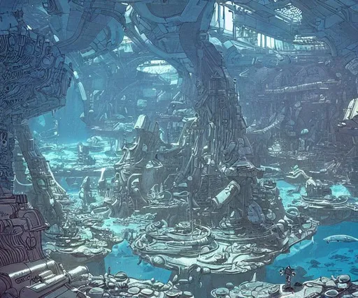 Prompt: An underwater city inhabited by squids, in the sci-fi style of Moebius