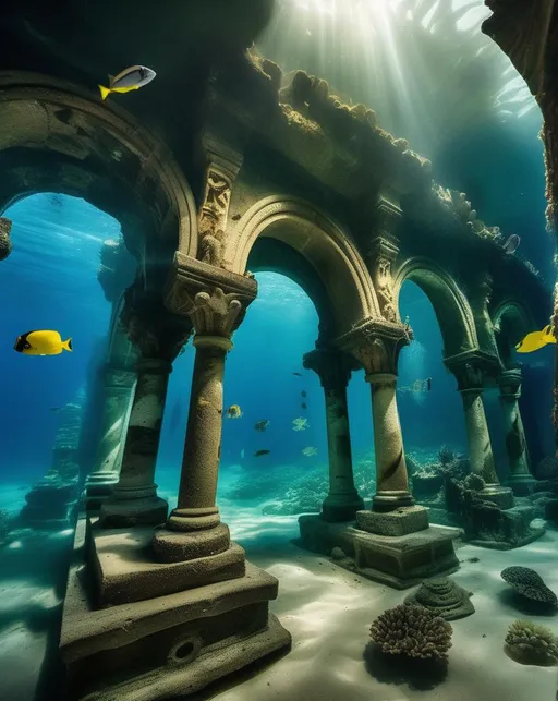 Prompt: An underwater image of the legendary sunken city of Atlantis, with ornate ancient pillars, arches and statues covered in coral and sea plants swaying gently in the currents. Schools of bright tropical fish swim through the ruins. Shot with a Canon 5Ds in an underwater housing, using a 16-35mm wide angle lens and strobes to illuminate the scene. The lighting rays down through the blue water, casting an otherworldly glow over the long lost city. The mood is haunting yet beautiful, like discovering a shipwreck. In the style of Alphonse de Neuville.