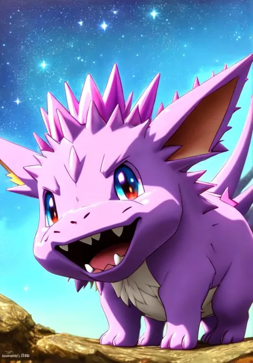 Prompt: UHD, , 8k,  oil painting, Anime,  Very detailed, zoomed out view of character, HD, High Quality, Anime, , Pokemon, Nidoran is a small, quadrupedal, mammalian Pokémon. It is pinkish purple with darker patches. It has large, spiny ears with teal insides, oversized front teeth, and red eyes. Its back is covered with three lines of large spines that can release potent poisons if threatened. The center line of spines is taller than the other two. The size of the long, pointed horn on its forehead is indicative of the strength of its venom. Nidoran is a male-only species.

Nidoran constantly listens for the sounds of approaching enemies with its large ears. Said ears have unique muscles that allow them to be moved in any direction, and even the slightest sound does not escape Nidoran notice. In order to listen to distant locations, it flaps its ears like wings. When angry, it extends its toxic spikes and charges, stabbing with its horn to inject poison, savannas and plains.
Pokémon by Frank Frazetta