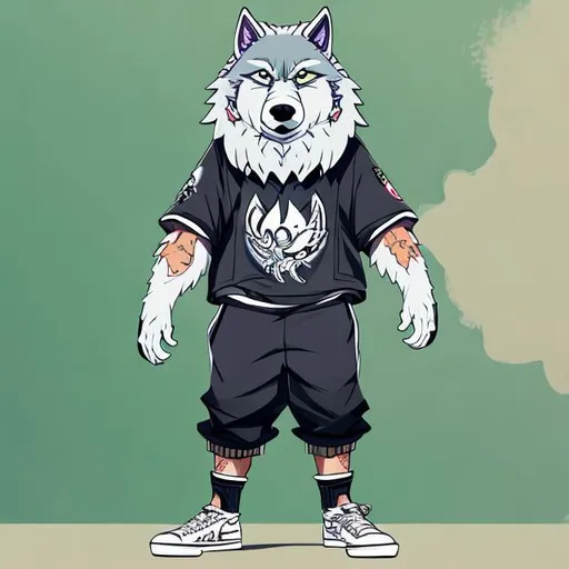 Prompt: A Tall, Fit, Big bearded, furry young adult Wolf Boy wearing Rapper's outfit and White Sneakers