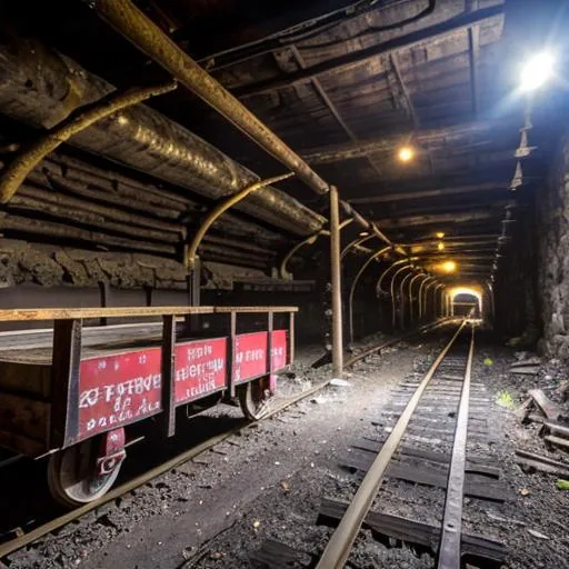 Prompt: an old rail cart full of gold on small train rails in a creepy abandoned mine shaft with industrial lights on the wall cave realistic high quality