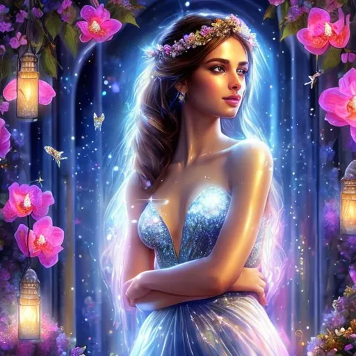 Prompt: HD 4k 3D 8k professional modeling photo hyper realistic beautiful young woman ethereal greek goddess of hope
shiny black hair ponytails blue eyes gorgeous face pale skin beautiful shimmering grecian top and skirt flower crown holding flowers full body surrounded by magical glowing light hd landscape background inside a jar with glowing sprites and fireflies