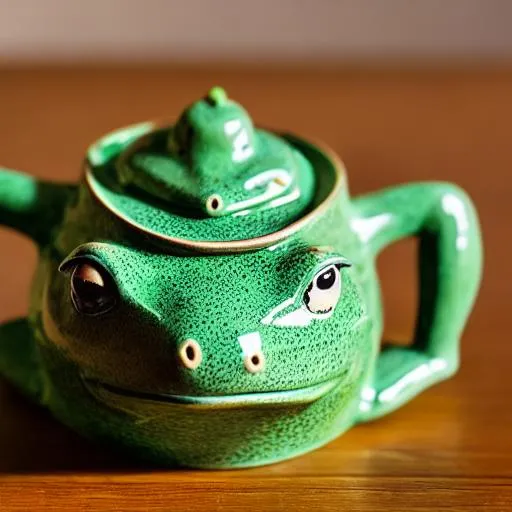 Prompt: frog teapot, green teapot shaped like frog, glazed ceramic, tilt shift, very beautiful, global illumination, intricate linework, short spout, 8k, food photography, octane rende