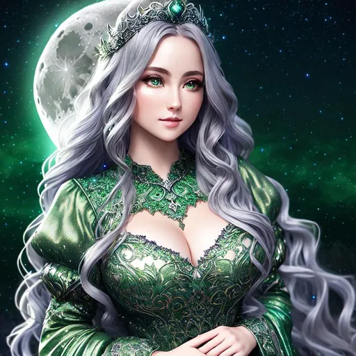 Prompt: Fantasy style, Stary night-time green fantasy background, moon shining bright, a hyper realistic detailed image of a feminine queen, square jaw ((pale skin)) ((beautiful silver intricate dress with sleeves)), covered in nightly glow ((long wavy hair)), looking straight ahead, body facing camera, camera top third of image, perfect composition, super detailed, sharp focus HDR, UDR, 120k, square jaw, slender upturned nose, full red lips, silver shoulder plates, ((gold eyes)).