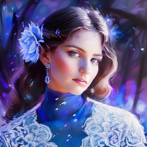 Prompt: Beautiful, cottage, core fantasy, young blue victorian princes holding a flower, full body shot, intricate, elegant, highly detailed painted, trending on art station, concept art smooth, sharp focus, illustration, Artgerm, Greg Rutkowski, Alfonso Mucha.