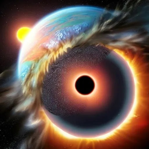 Prompt: A planet falling in a black hole in a eye with an beach in the background at the darkside of the moon
