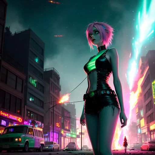 Prompt: pixar style painting of a beautiful zombie woman, pale green skin, pastel pink and blue hair, arms visible, legs visible, nighttime, post apocalyptic city street, fireballs, ruins, trash, galaxy, soft light, explosions, throwing fireballs, ((street on fire)), cinematic, 8k, highest quality, muted color scheme, art, painting, fireflies