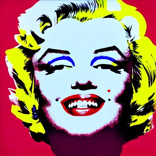 Prompt: marilyn monroe, big face, smiling, martin hugerud artist, pink, yellow,red