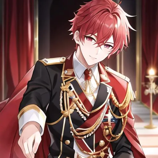 Prompt: Zerif male (Red half-shaved hair covering his right eye) 4k, wearing a royal uniform, hand over his chest bowing