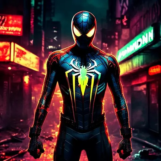 Prompt: 4k. Gritty Todd McFarlane style black and neon Spiderman. Full body. Gritty, futuristic army-trained villain. Bloody. Hurt. Damaged. Accurate. realistic. evil eyes. Slow exposure. Detailed. Dirty. Dark and gritty. Post-apocalyptic Neo Tokyo .Futuristic. Shadows. Armed. Fanatic. Intense. 