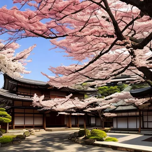 Prompt: Japanese residential theme with a blend of cherry trees
