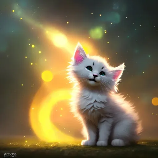 Prompt: Cute, yellow, fluffy, fantasy light kitten, with lighting, yellow eyes, yellow fur, and possessing the element of space and making circles of lighting stripes
 move around in the air in a magical way, in a space background. Perfect features, extremely detailed, realistic. Krenz Cushart + loish +gaston bussiere +craig mullins, j. c. leyendecker +Artgerm.