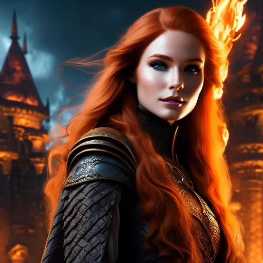 Prompt: D&d human female mage, long ginger hair, tower, highly detailed, professional, render, Sharp focus, HD, UHD, HDR, hyperrealistic 