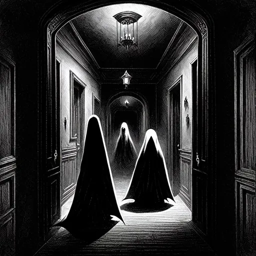 Prompt: balck ghost-like shapes attacking a in a dark corridor, anatomically correct, intricate scene, dreadful, dark, victorian, enhanced facial details, concept art