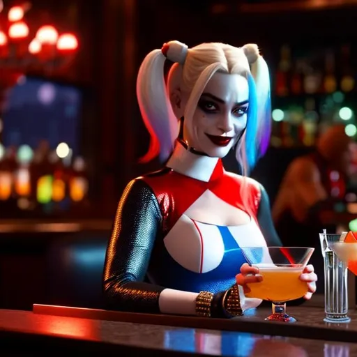 Prompt: Harley Quinn enjoying a martini at a fancy bar, landscape, hyper realistic, unreal engine, dramatic