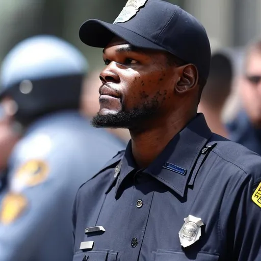Prompt: Kevin Durant working as a police officer on the streets in Latvia