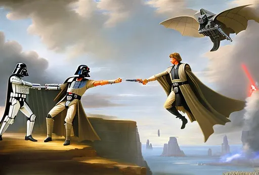 Prompt: Darth Vader and Luke Skywalker as the characters in "The Creation of Adam"