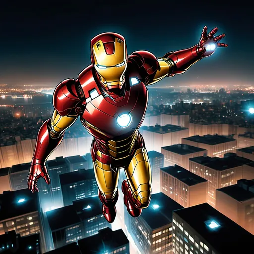 Prompt: Iron Man flying over a cityscape at night.