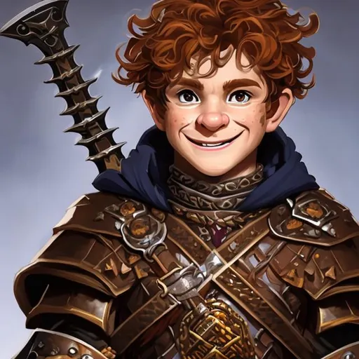 Prompt: Portrait of a male halfling paladin warlock with a sword over his right shoulder, wavy auburn hair, hazel eyes, nut brown skin and a pleasant grin, wearing fine chainmail armor, half body. He is looking at 45 degrees to the viewer