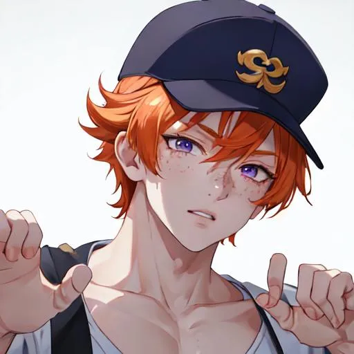 Prompt: Erikku male (short ginger hair, freckles, right eye blue left eye purple) muscular, UHD, 8K, Highly detailed, insane detail, best quality, high quality. hands in the air, wearing a sideways baseball cap, street wear