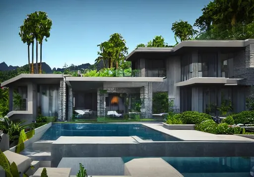 Prompt: modernhouse exterior design, against backdrop of mountains, pool in garden, beverly hills, ultra-detailed, ultra-realistic, unreal engine style, raytrace, 10k, cinematic, volumetric lights, photorealistic
