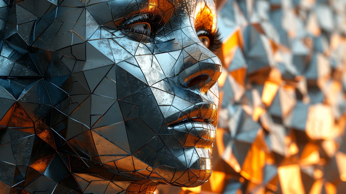 Prompt: Generate an artistic representation of a humanoid face with intricate mechanical and futuristic features, integrated into an abstract geometric background. The face should display a high level of detail with polished metallic textures, including shades of gold and chrome. It should appear as though it is a part of the background, which should be a captivating display of three-dimensional geometric shapes creating an optical illusion. The shapes should be in contrasting black and white to enhance the visual effect. The overall image should evoke a sense of cutting-edge technology and artificial intelligence.