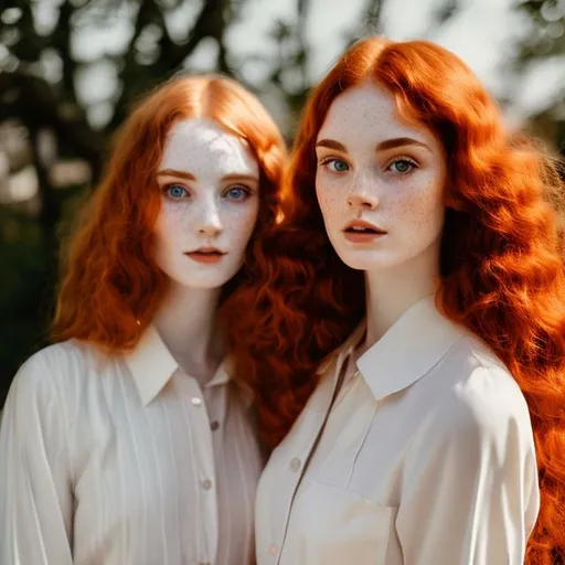 Prompt: Two young woman, red hair, long and curly, pale skin, freckles,tall, 
1960s aesthetic, ,analog filter, perfect composition, hyperrealistic, super detailed, 8k, high quality, trending art, sharp focus, intricate details, highly detailed