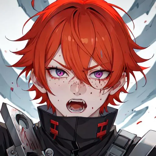 Prompt: Erikku male adult (short ginger hair, freckles, right eye blue left eye purple) UHD, 8K, Highly detailed, insane detail, best quality, high quality, covered in blood, covering his face with his hand, wide eyes, insane, fear, threatening, laughing, angry, fighting, psychopathic, anime style, pointing a knife at the viewer