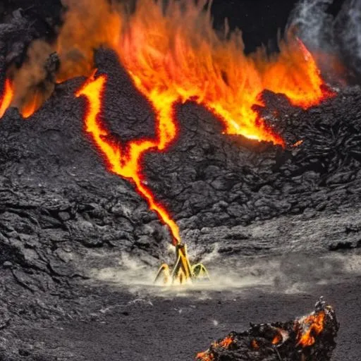 Prompt: A ghastly jet black ghost sucking the life out of a young warrior near a lava lake at night.