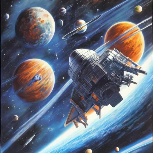 Prompt: 1980s space fantasy cover art painting