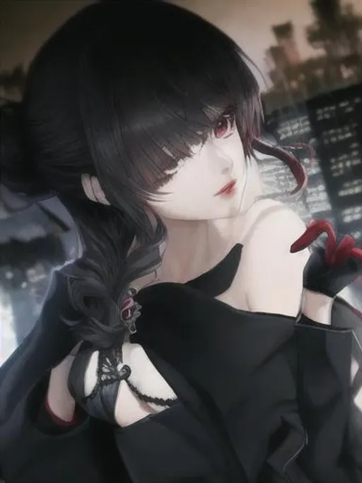 Prompt: lulu final fantasy x, red lips, black hair, wavy hair, hair covers one eye, hair bun, love, black robe outfit , black gloves saota architecture, architecture digest, on the patio, , 