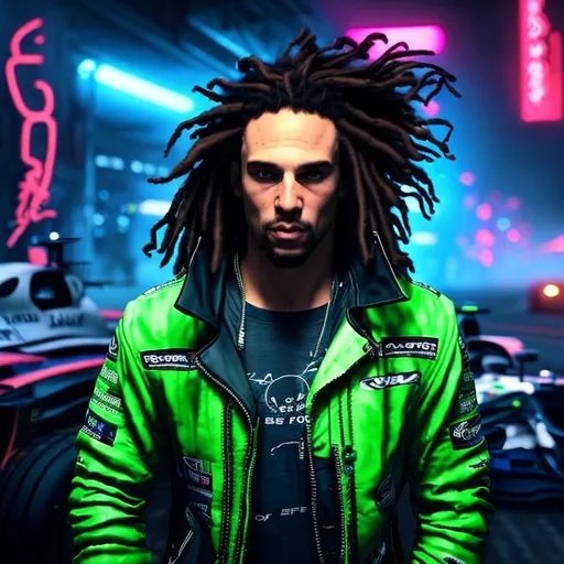 Prompt: Give him a racing look with dreadlocks ,racing helmet, f1 cars, neon, Cyberpunk, hyperrealistic, ultra texture details, epic details, 64k, uhd, unreal engine 5, wide angle, high resolution, shaded, epic resolution, cinematic, 