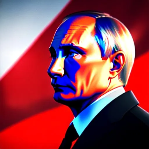 Prompt: Presindent Putin speeching, masterpiece  with detailed face 4k, trending on artstation, octane render, background russian flag.